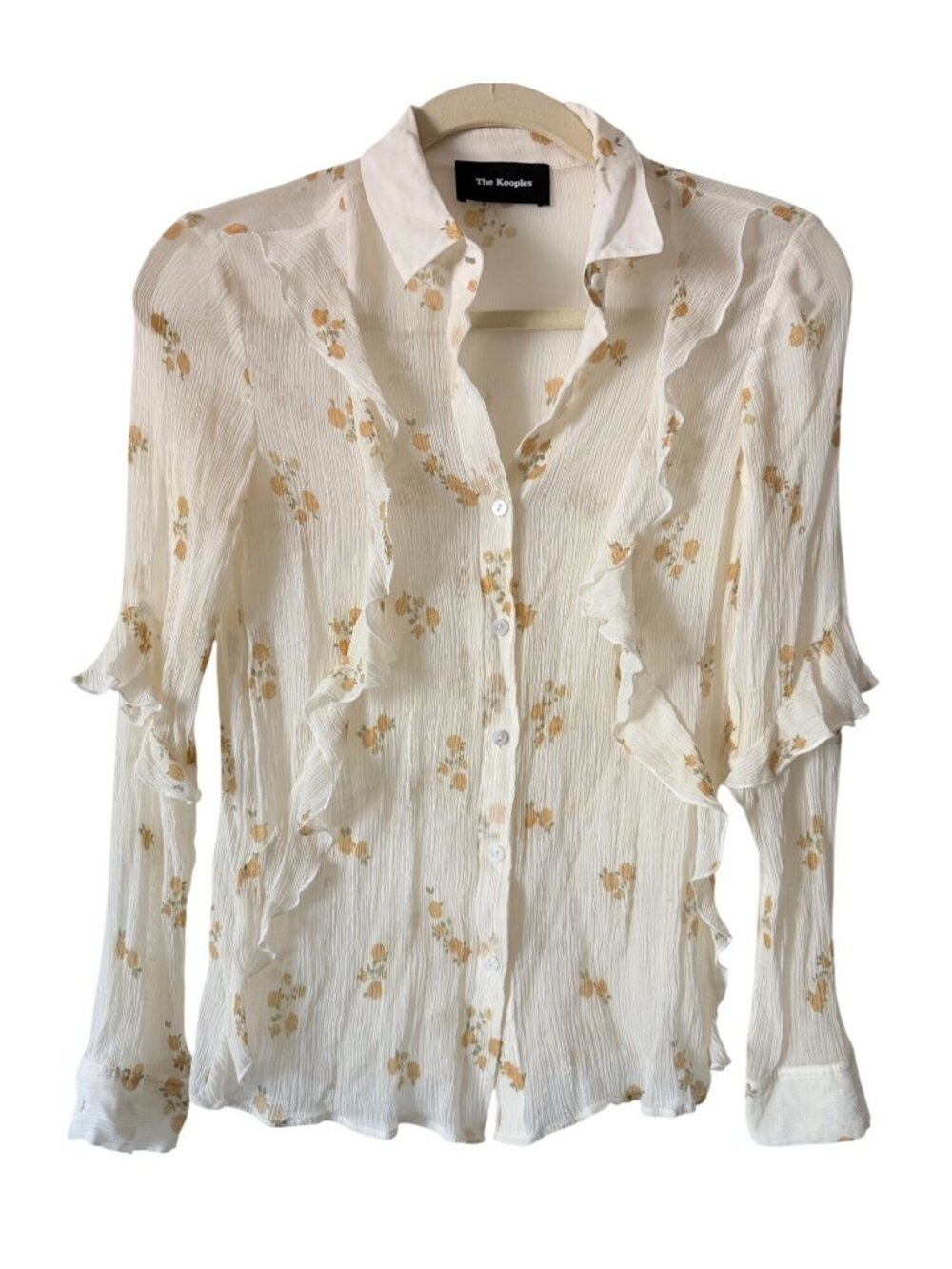The Kooples Floral Ruffle 100% Silk Sheer Button-Up Blouse - White & Yellow Rose
